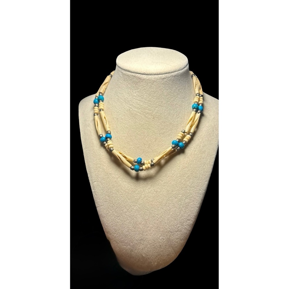 Southwest Native American Theme Boho Choker Necklace Double Strand Turquoise VTG